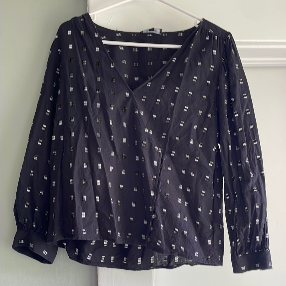 Madewell Black w/ White Print Long Sleeve Blouse